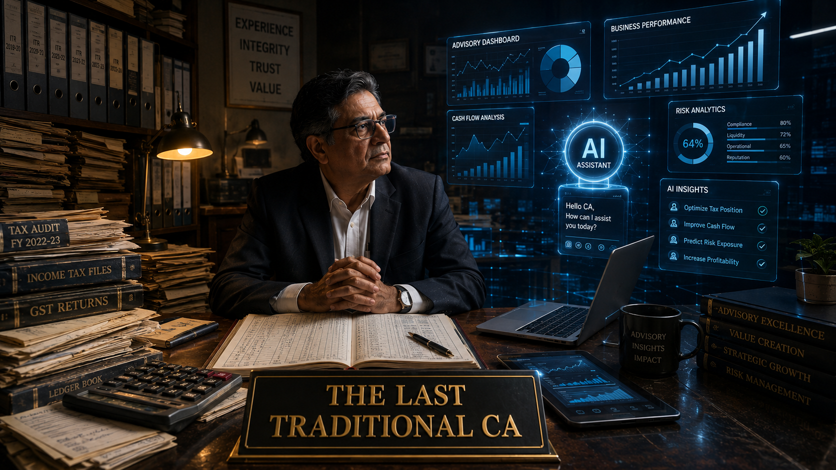 The Last Traditional CA — a chartered accountant buried in paper files beside a holographic AI dashboard